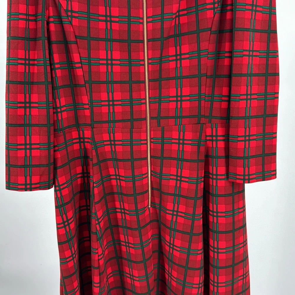 Calvin Klein Red and Green Plaid Midi Dress 3/4 sleeve puff shoulder holiday 16 - Picture 4 of 12